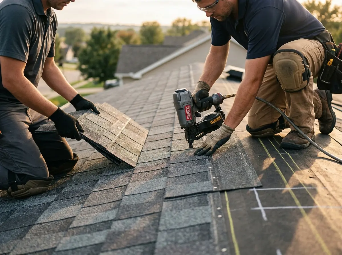 Professional roofer working on a residential roof in Manvel